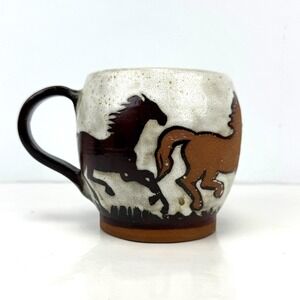 ARGOMEDES Studio Pottery Wild Horse Signed 2010 Artisan Equestrian Stoneware Mug
